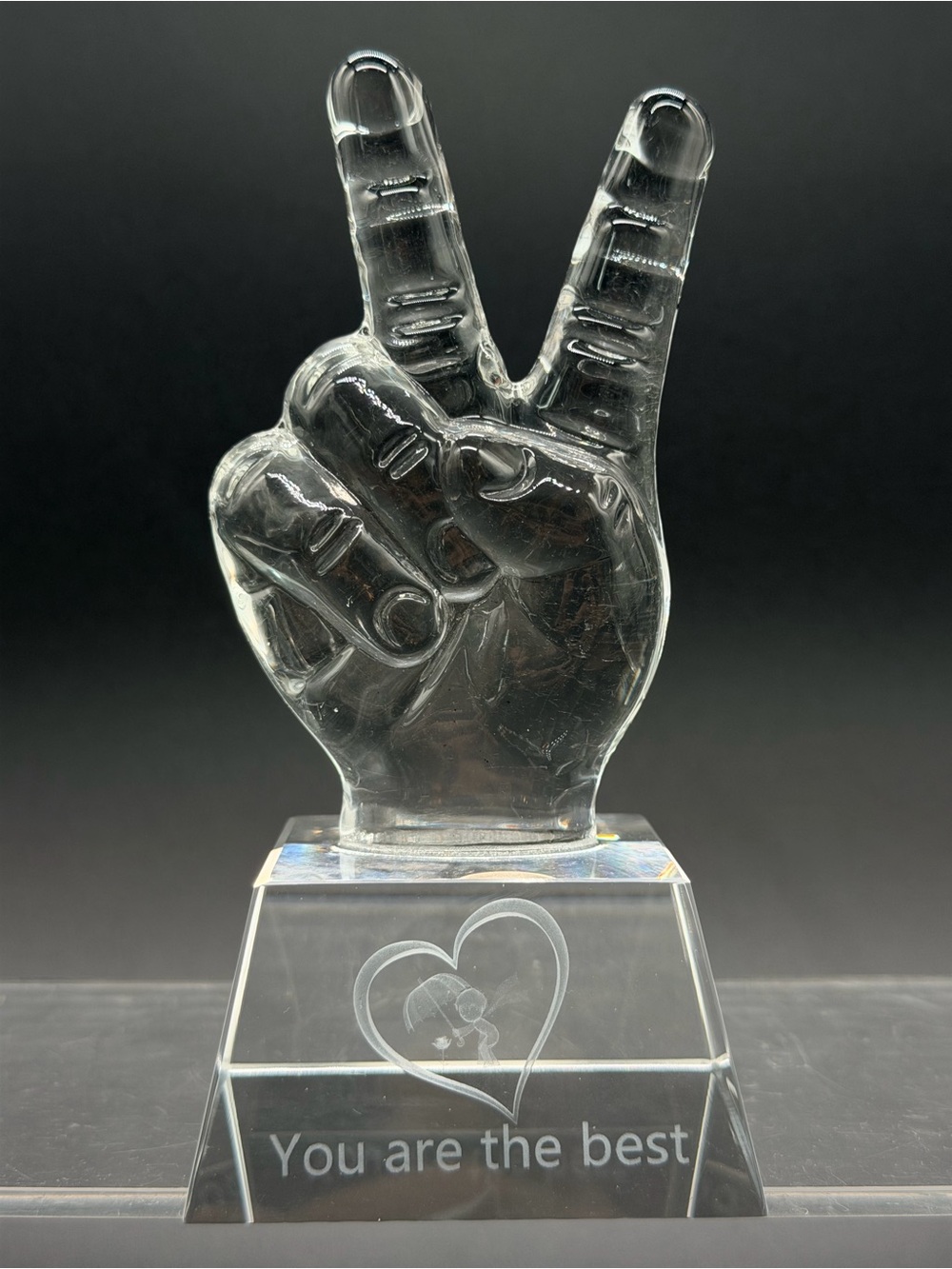 VTG Crystal Peace Sign Paperweight 3D Laser Bubble Heart Glass Trophy Figure